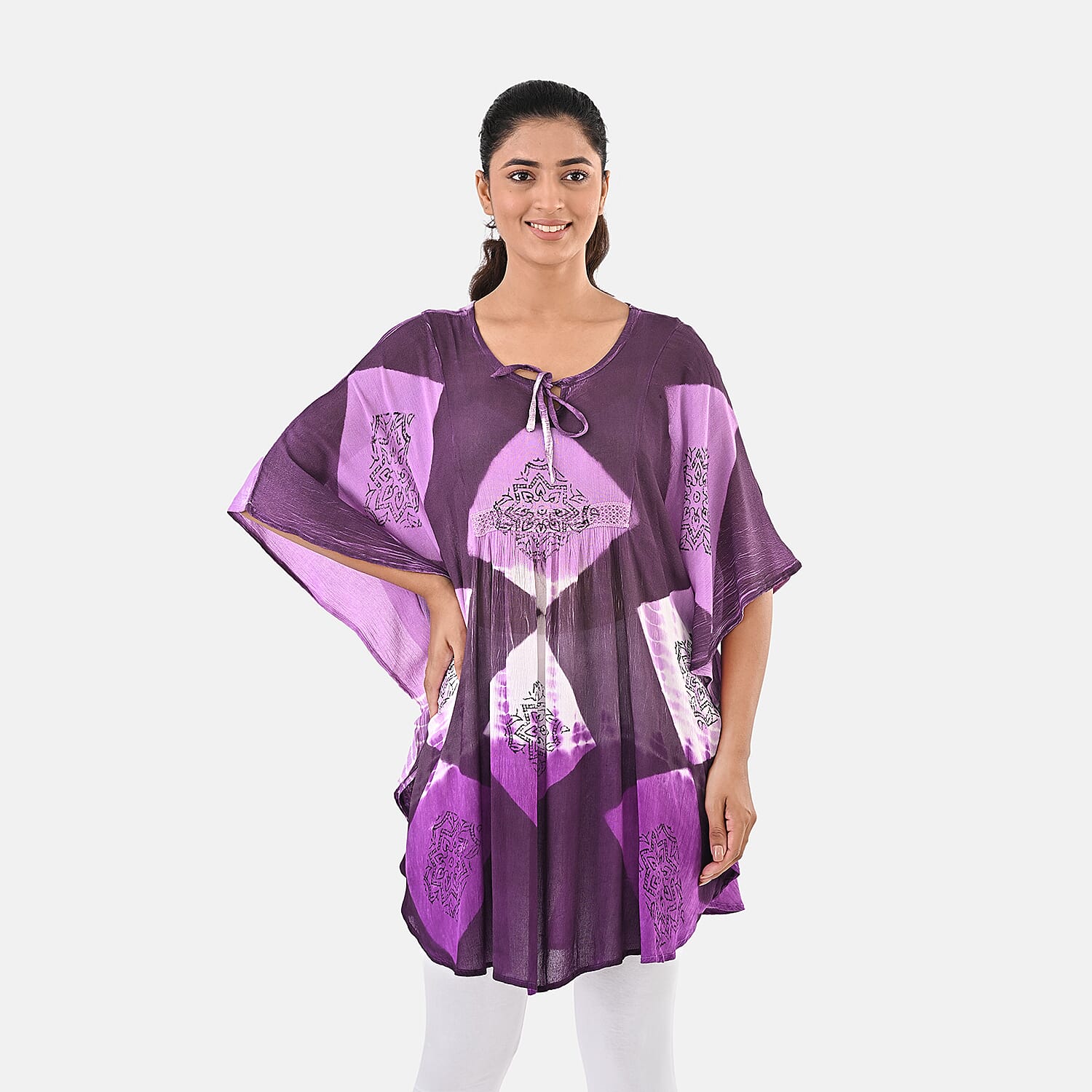Purple Rayon Crepe Tie Dye Block Print Kaftan with Necktie - One Size Fits Most