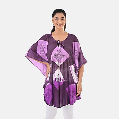 Purple Rayon Crepe Tie Dye Block Print Kaftan with Necktie - One Size Fits Most