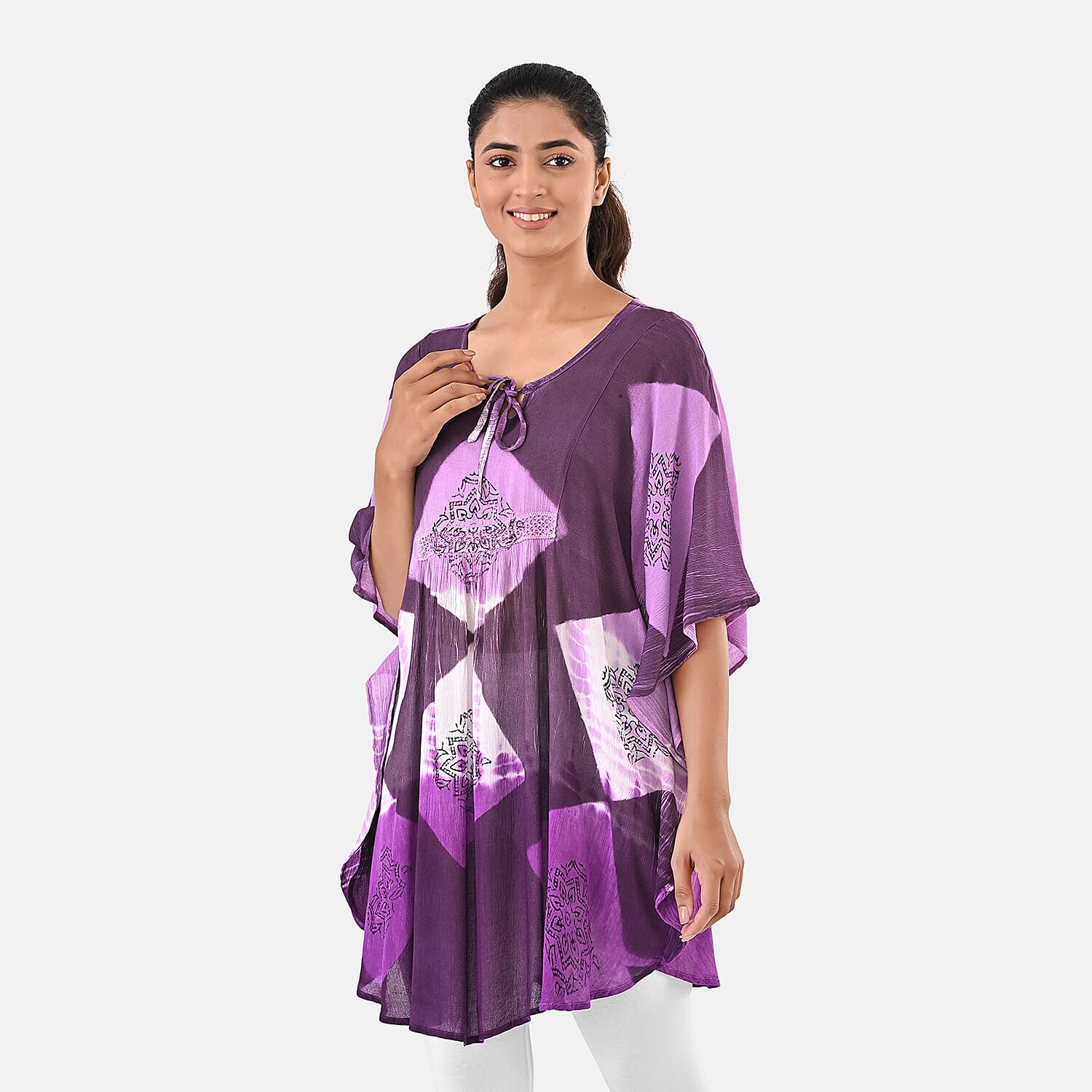 Purple Rayon Crepe Tie Dye Block Print Kaftan with Necktie - One Size Fits Most