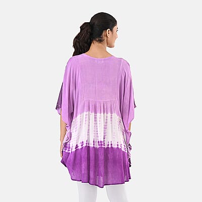 Purple Rayon Crepe Tie Dye Block Print Kaftan with Necktie - One Size Fits Most