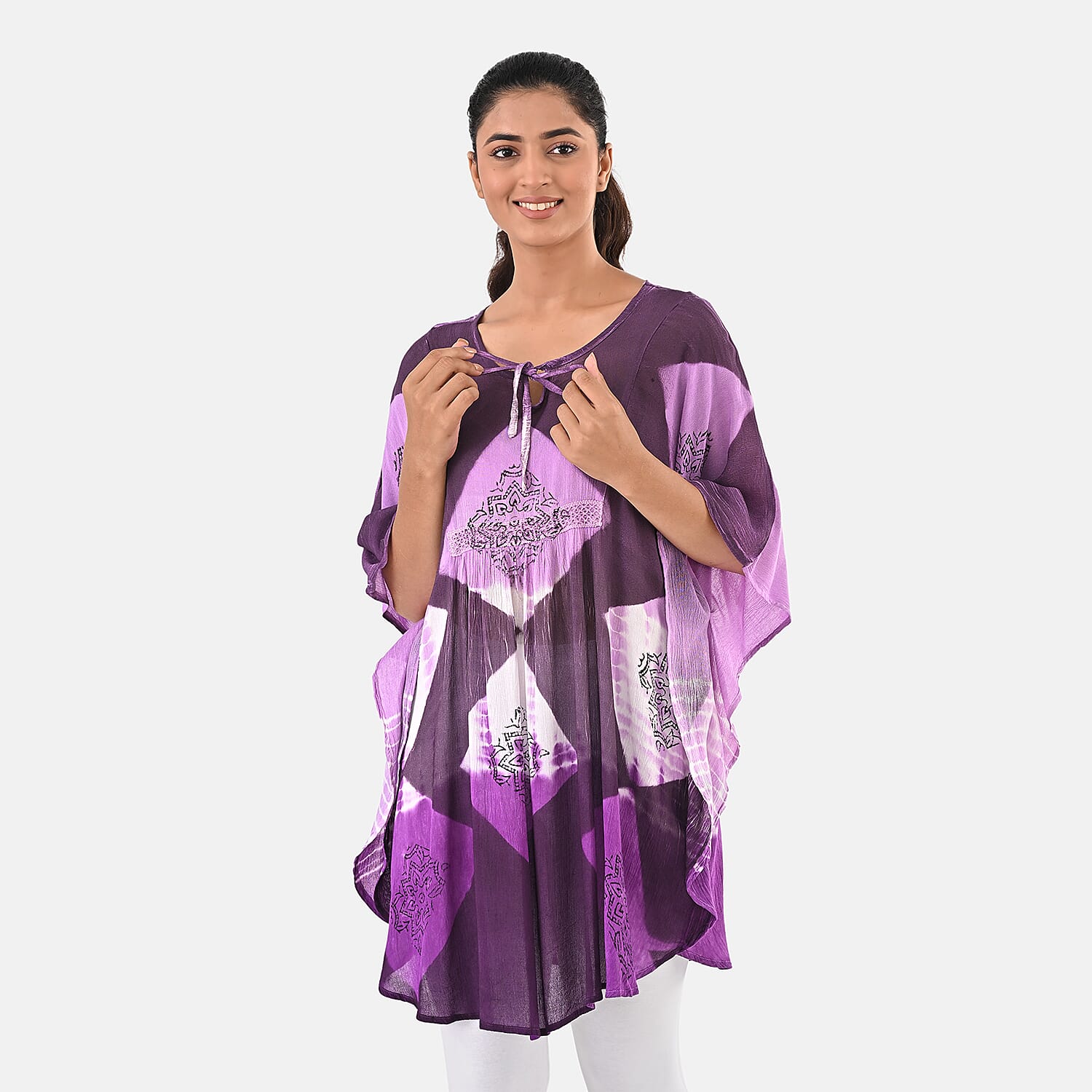 Purple Rayon Crepe Tie Dye Block Print Kaftan with Necktie - One Size Fits Most
