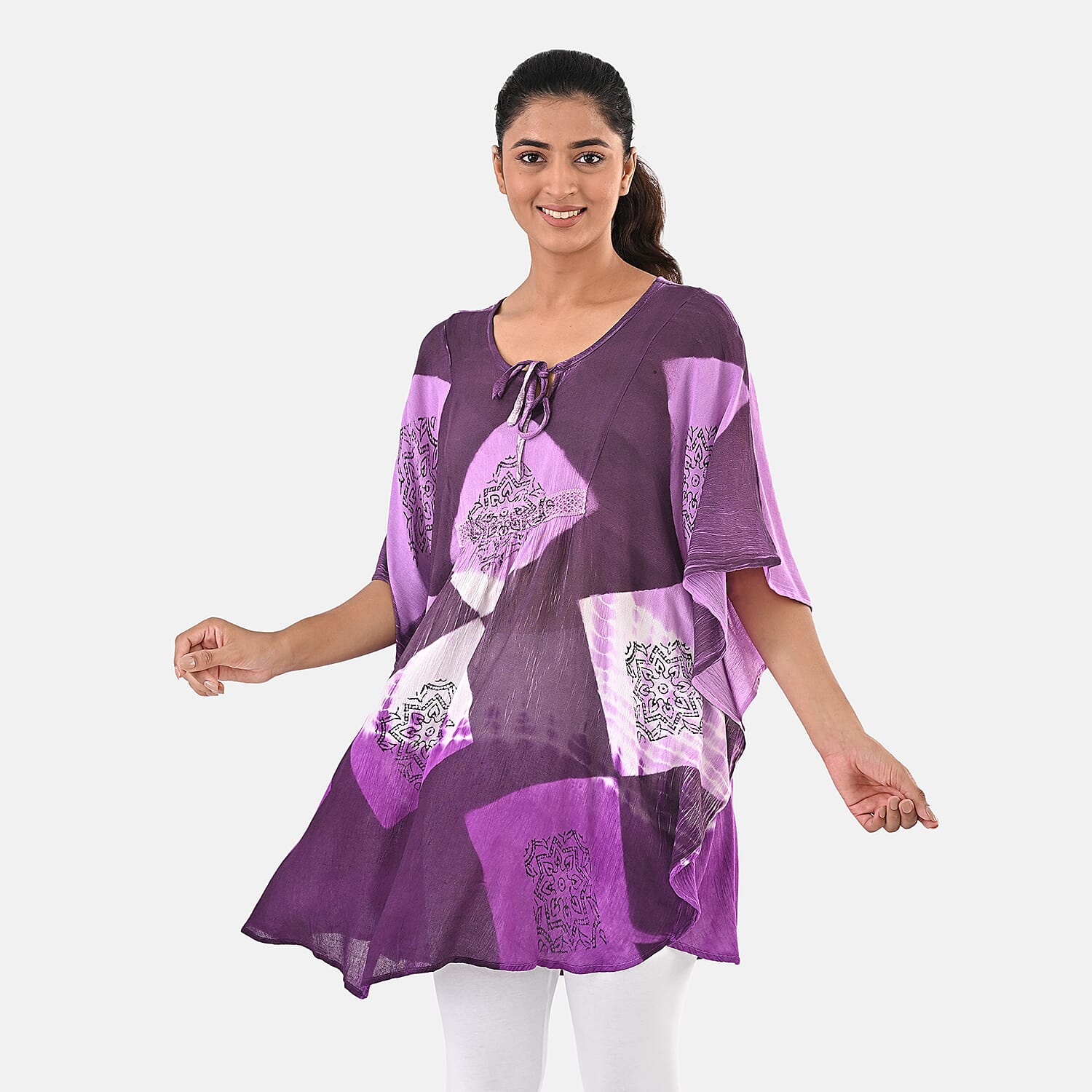 Purple Rayon Crepe Tie Dye Block Print Kaftan with Necktie - One Size Fits Most