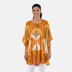 Golden Rayon Crepe Tie Dye Block Print Kaftan with Necktie - One Size Fits Most 