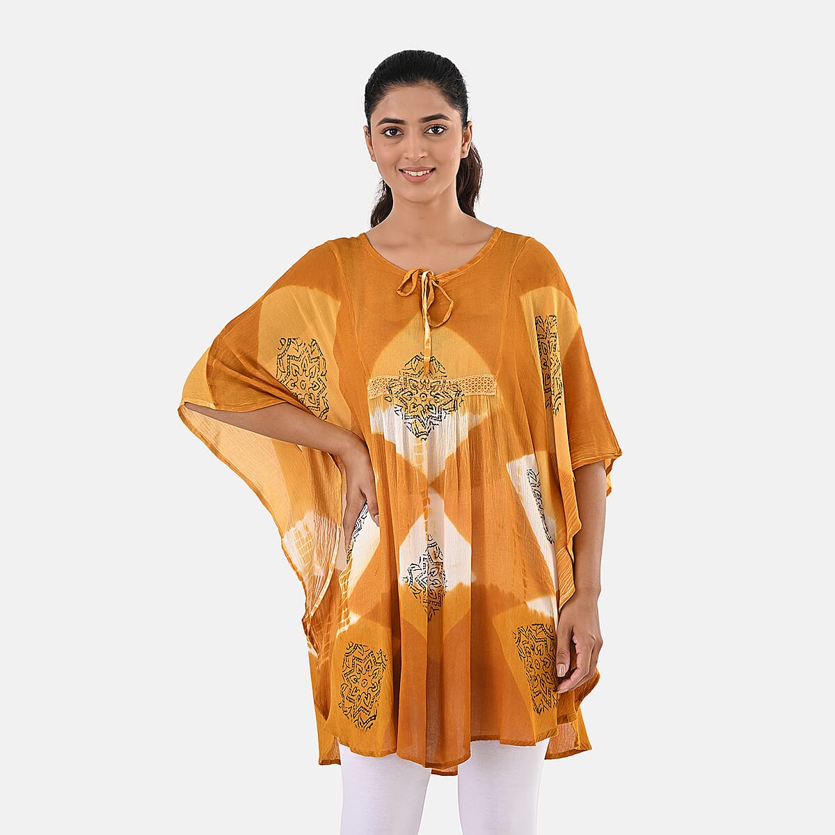 Golden Rayon Crepe Tie Dye Block Print Kaftan with Necktie - One Size Fits Most  image number 1