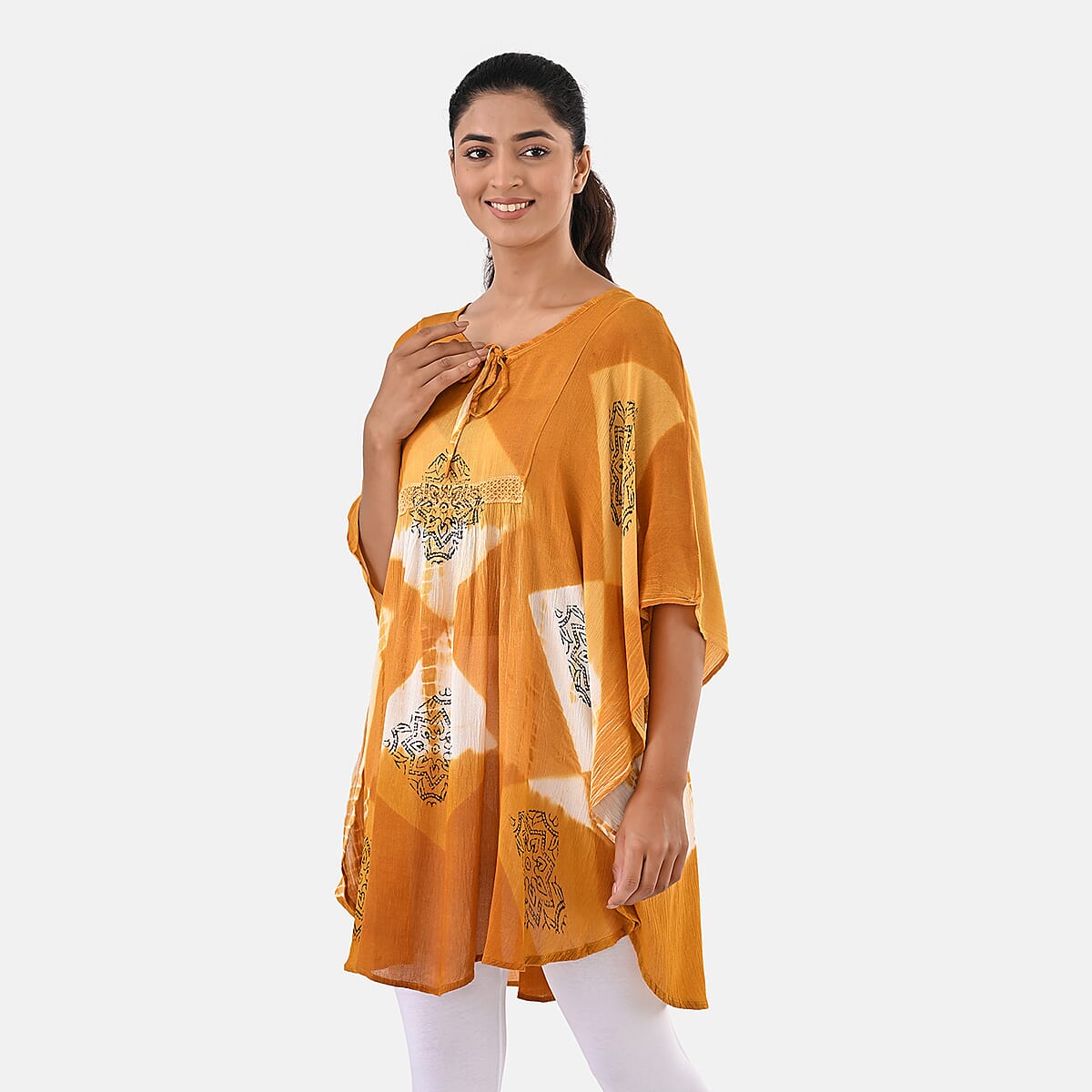 Golden Rayon Crepe Tie Dye Block Print Kaftan with Necktie - One Size Fits Most  image number 2