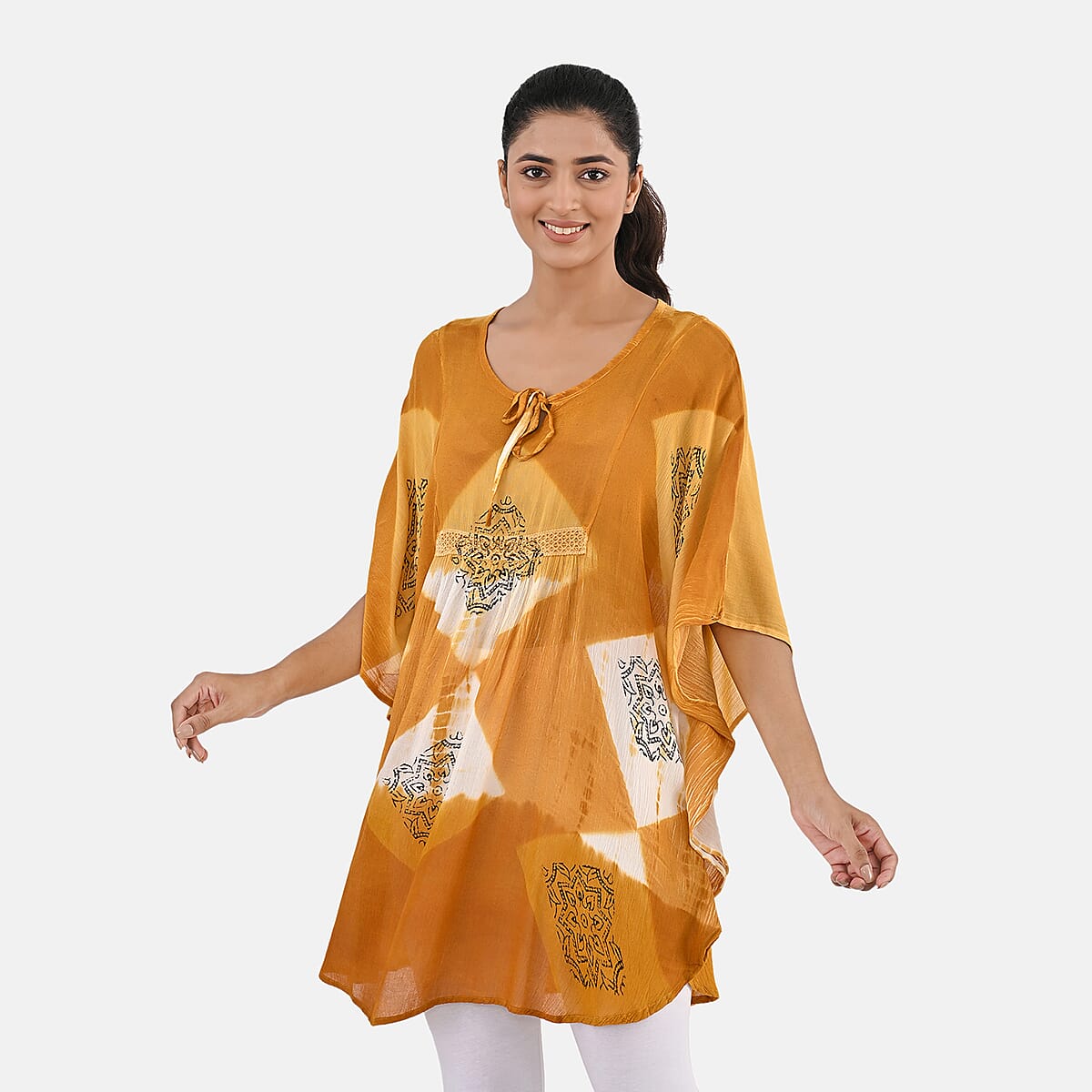 Golden Rayon Crepe Tie Dye Block Print Kaftan with Necktie - One Size Fits Most  image number 4