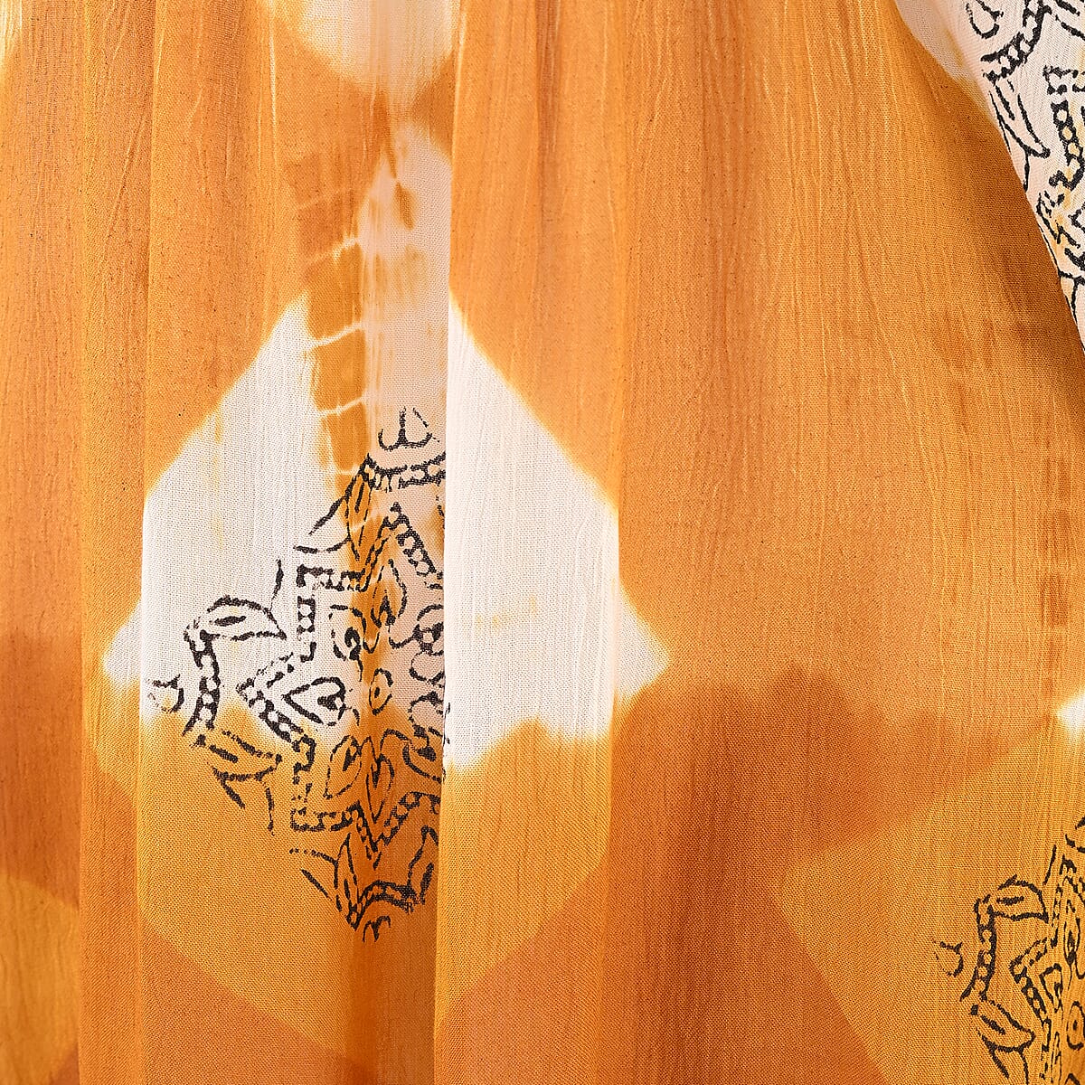 Golden Rayon Crepe Tie Dye Block Print Kaftan with Necktie - One Size Fits Most  image number 7