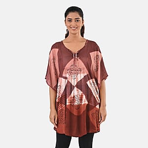 Brick Red Rayon Crepe Tie Dye Block Print Kaftan with Necktie - One Size Fits Most 