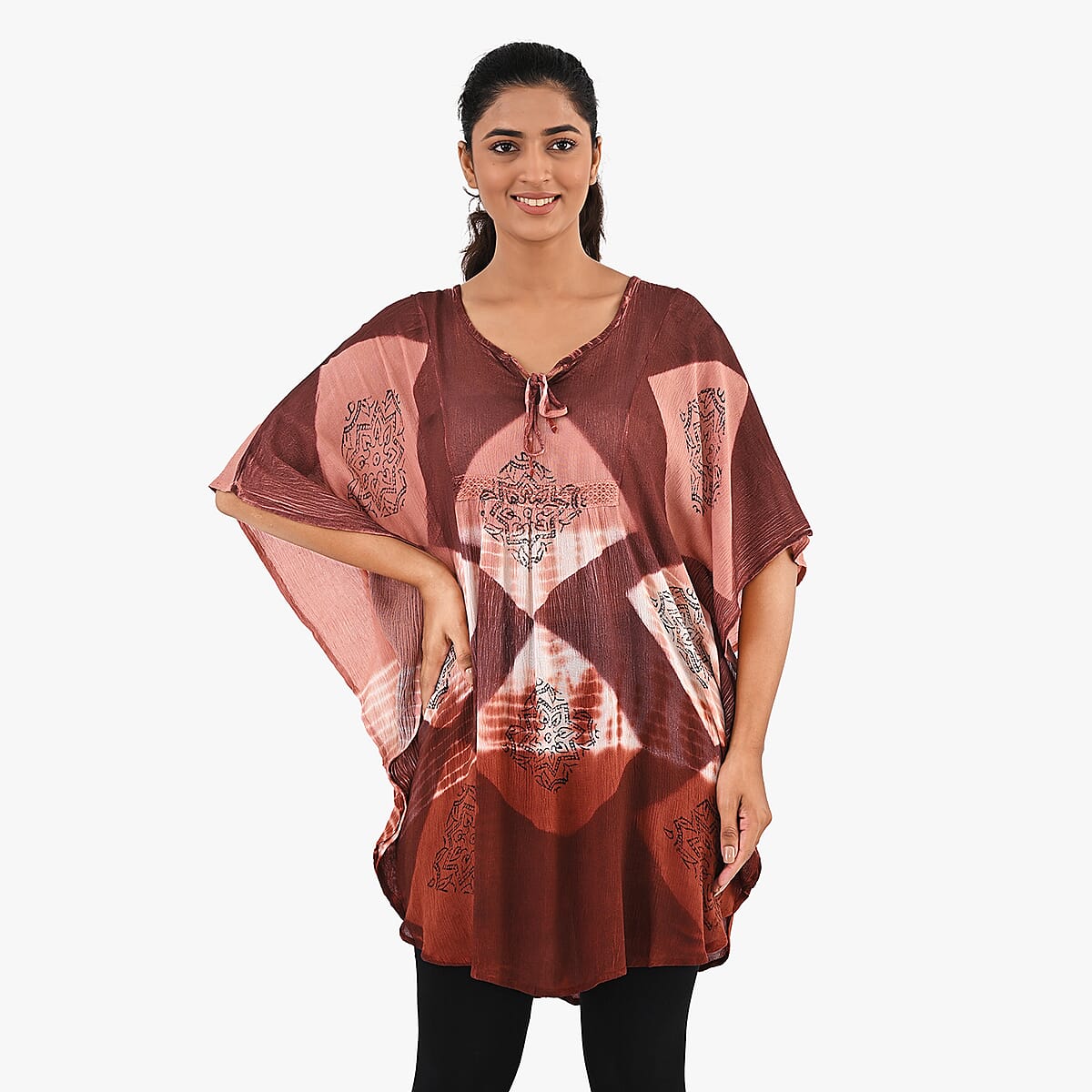 Brick Red Rayon Crepe Tie Dye Block Print Kaftan with Necktie - One Size Fits Most  image number 1