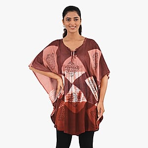 Brick Red Rayon Crepe Tie Dye Block Print Kaftan with Necktie - One Size Fits Most 