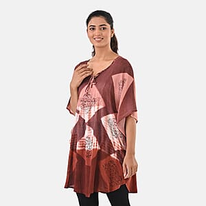 Brick Red Rayon Crepe Tie Dye Block Print Kaftan with Necktie - One Size Fits Most 
