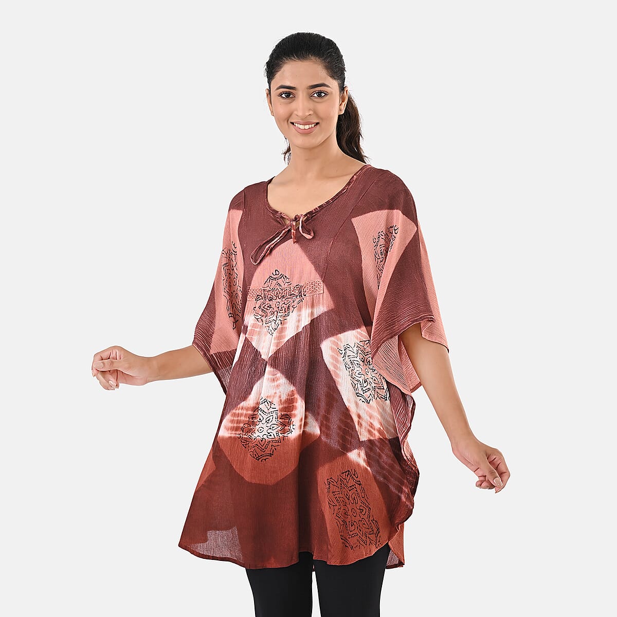 Brick Red Rayon Crepe Tie Dye Block Print Kaftan with Necktie - One Size Fits Most  image number 4