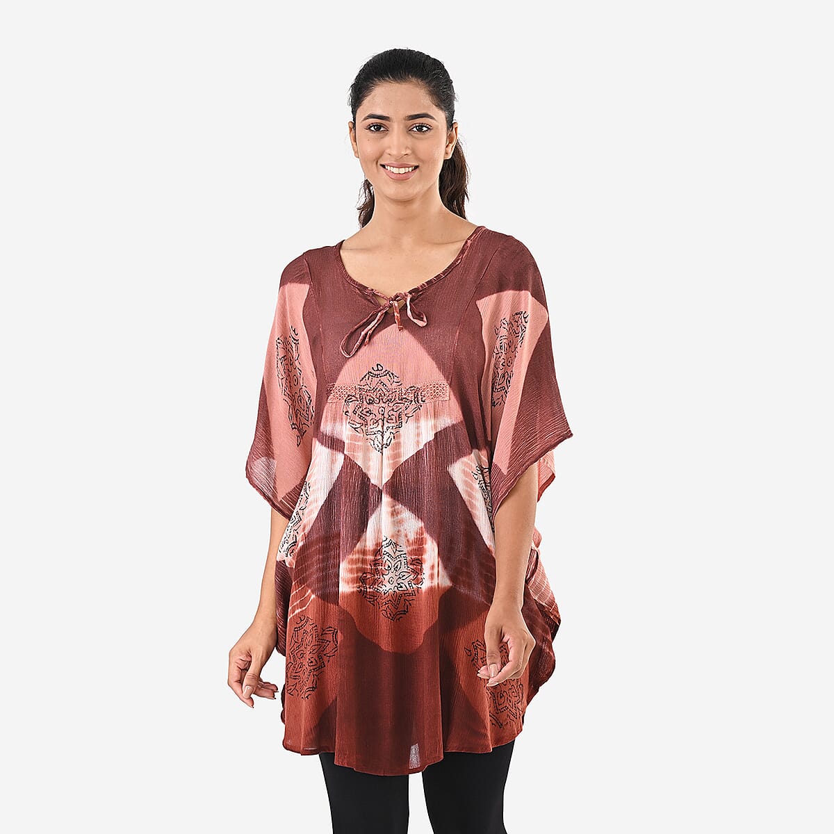 Brick Red Rayon Crepe Tie Dye Block Print Kaftan with Necktie - One Size Fits Most  image number 5