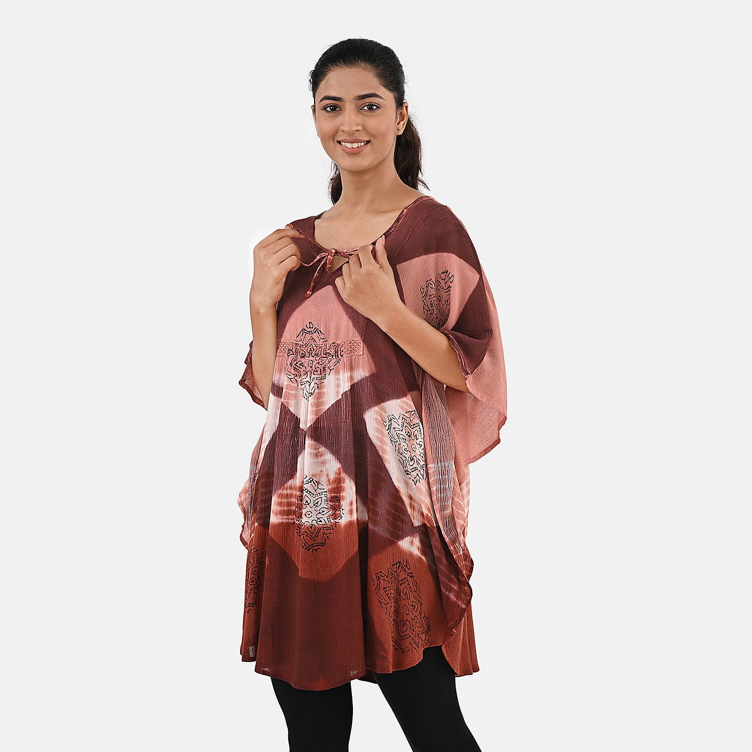 Brick Red Rayon Crepe Tie Dye Block Print Kaftan with Necktie - One Size Fits Most