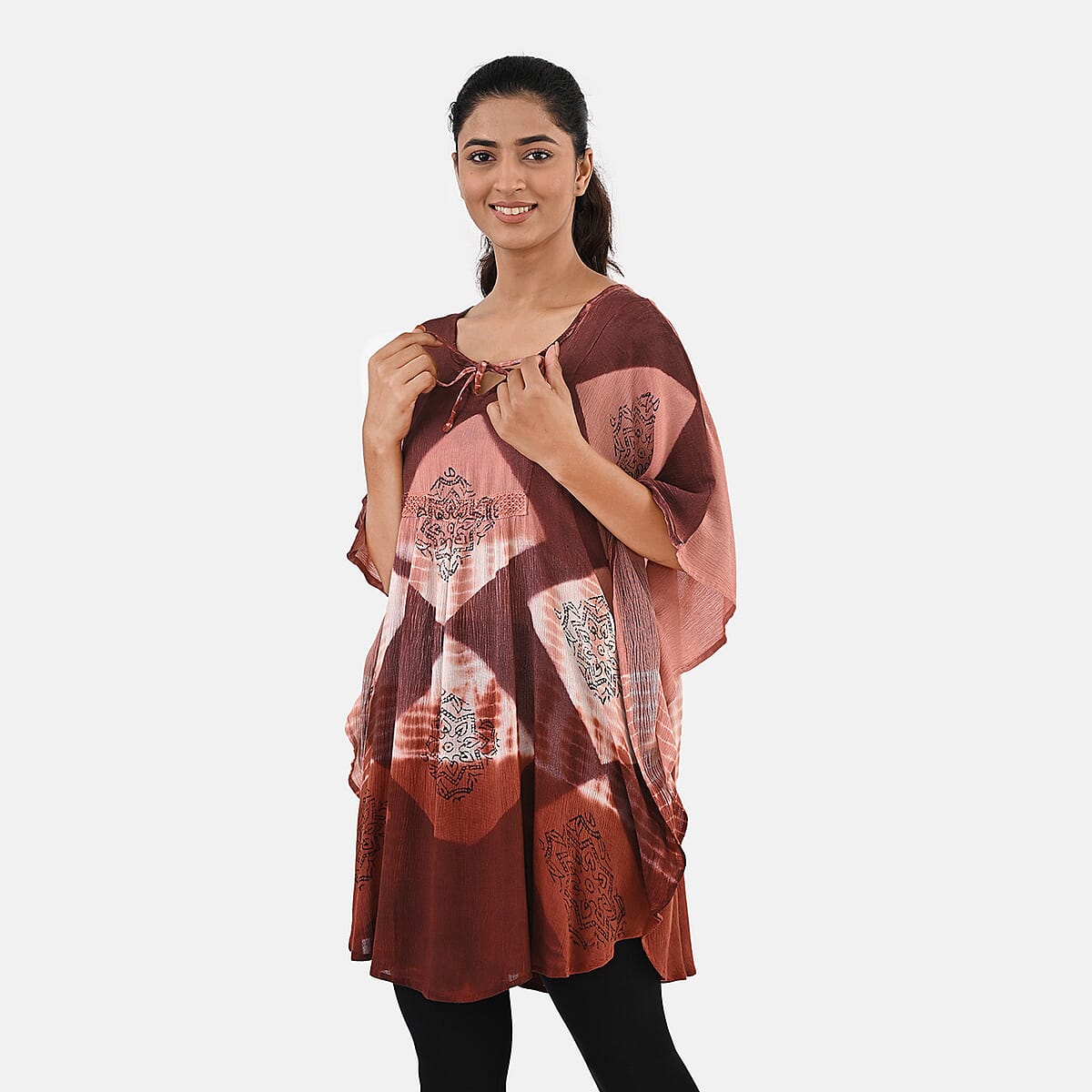 Brick Red Rayon Crepe Tie Dye Block Print Kaftan with Necktie - One Size Fits Most  image number 6