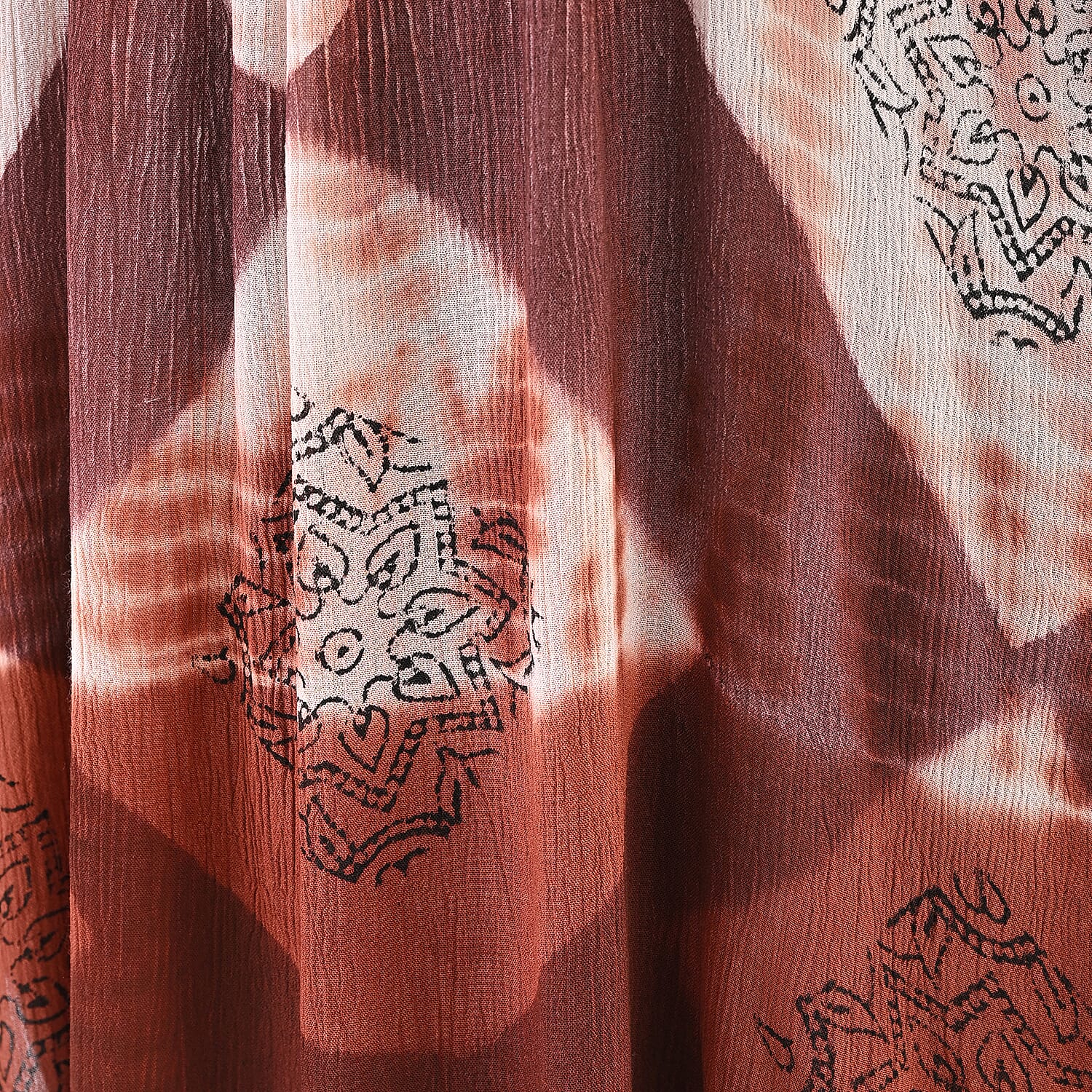 Brick Red Rayon Crepe Tie Dye Block Print Kaftan with Necktie - One Size Fits Most