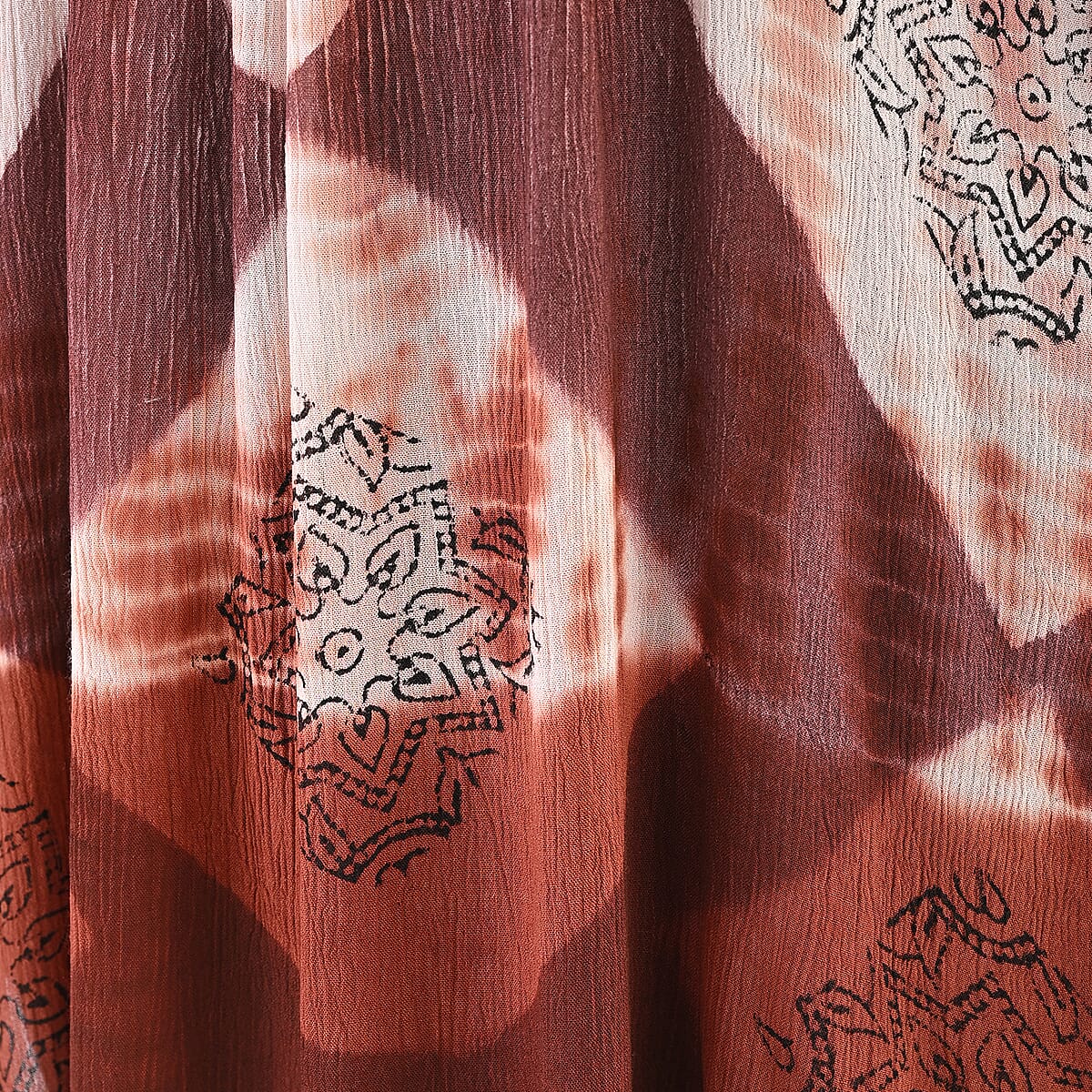 Brick Red Rayon Crepe Tie Dye Block Print Kaftan with Necktie - One Size Fits Most  image number 8