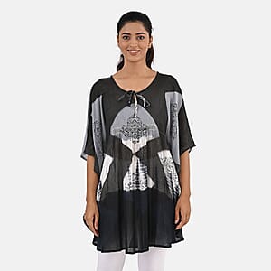 Navy Rayon Crepe Tie Dye Block Print Kaftan with Necktie - One Size Fits Most 