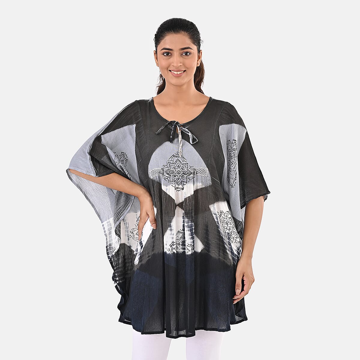 Navy Rayon Crepe Tie Dye Block Print Kaftan with Necktie - One Size Fits Most  image number 1