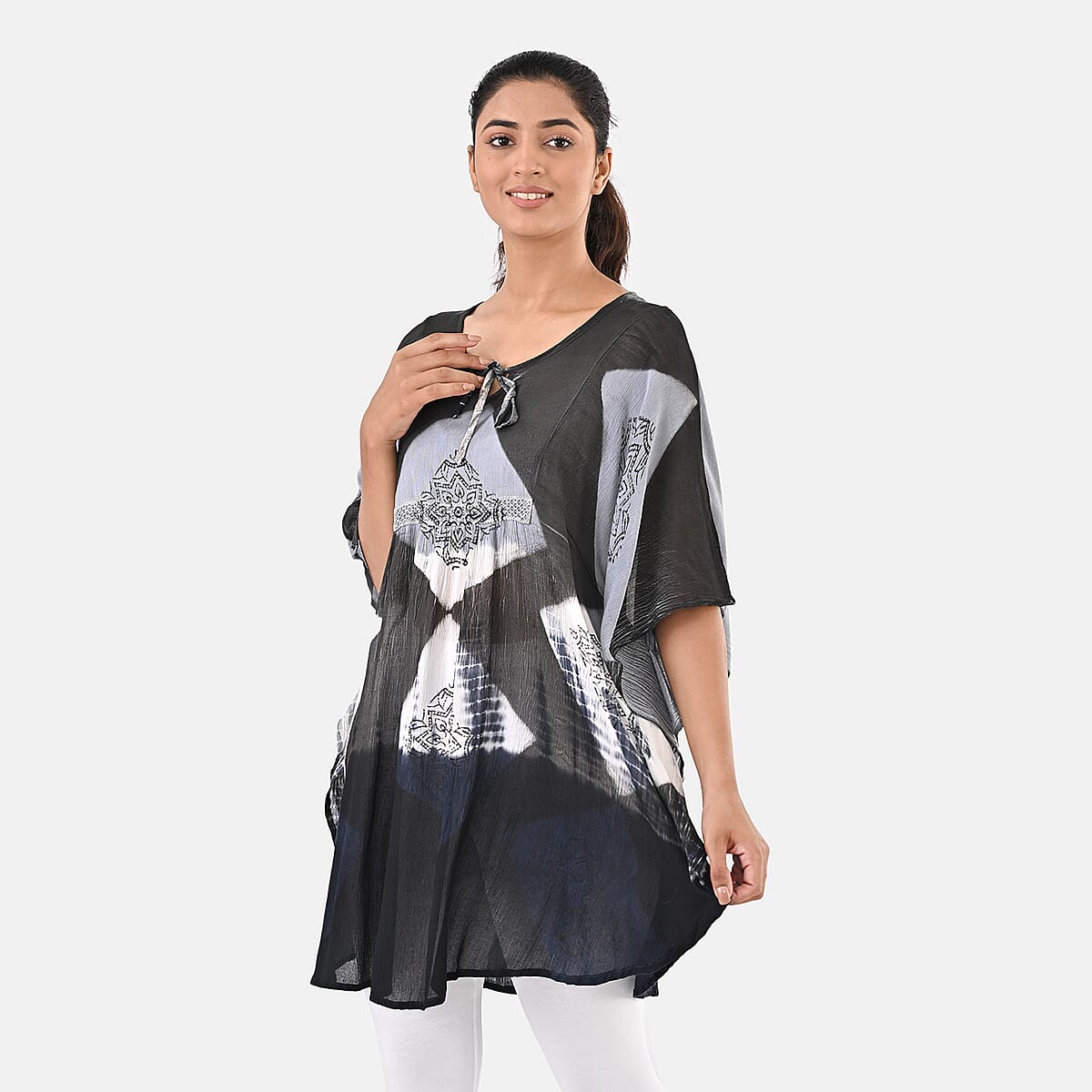 Navy Rayon Crepe Tie Dye Block Print Kaftan with Necktie - One Size Fits Most  image number 2