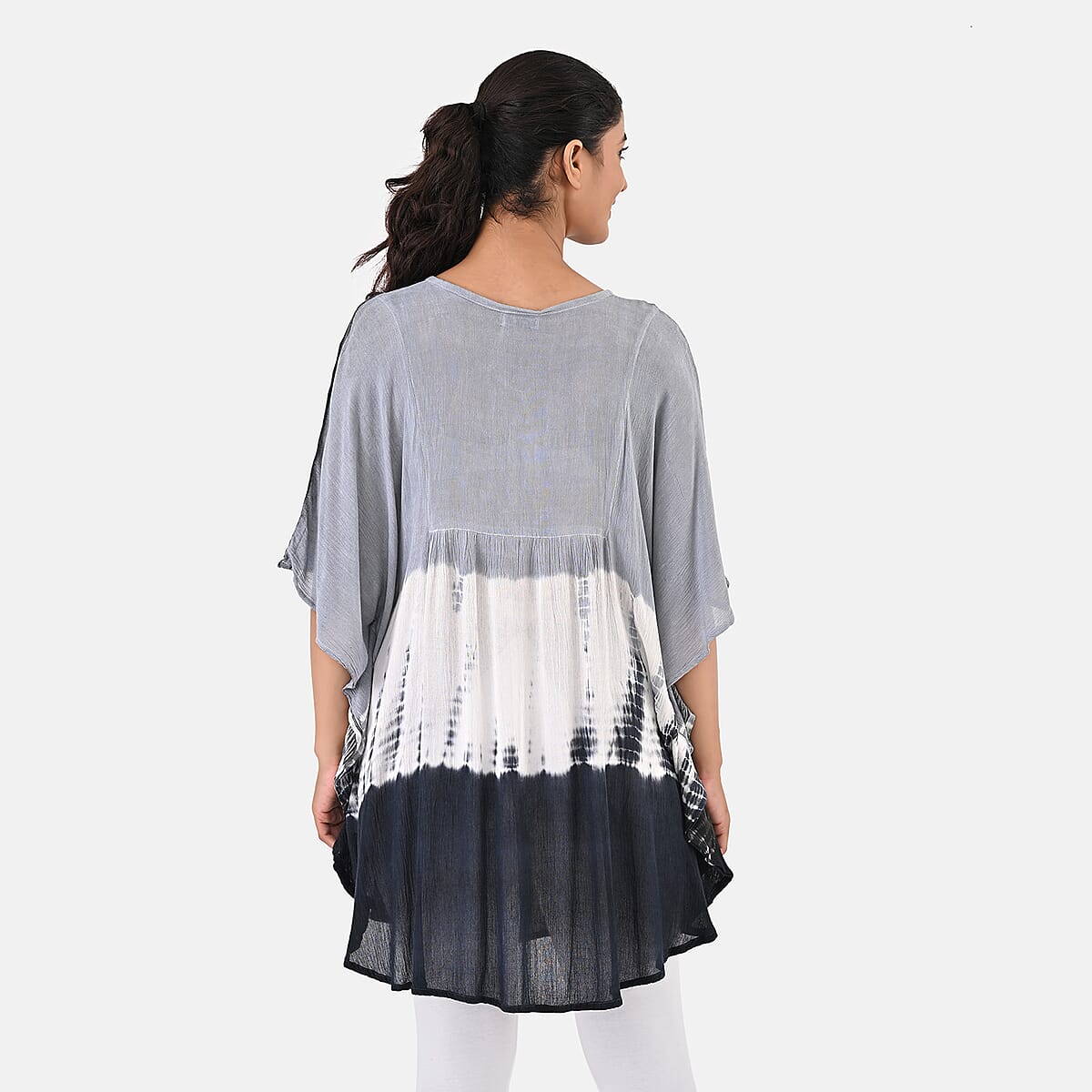 Navy Rayon Crepe Tie Dye Block Print Kaftan with Necktie - One Size Fits Most  image number 3