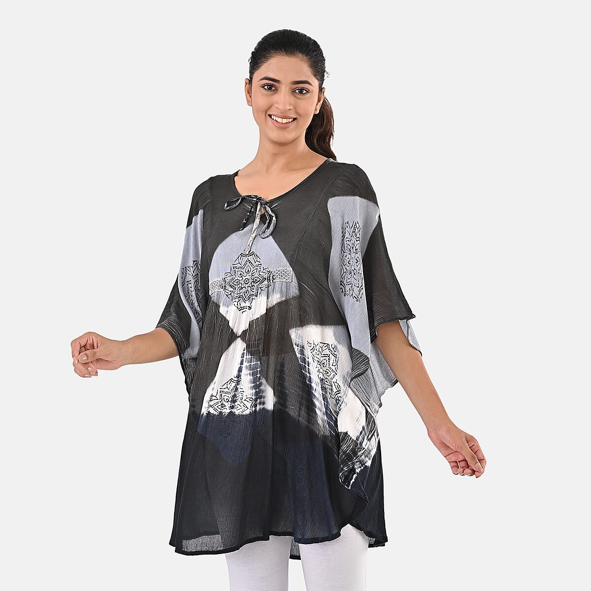 Navy Rayon Crepe Tie Dye Block Print Kaftan with Necktie - One Size Fits Most  image number 4