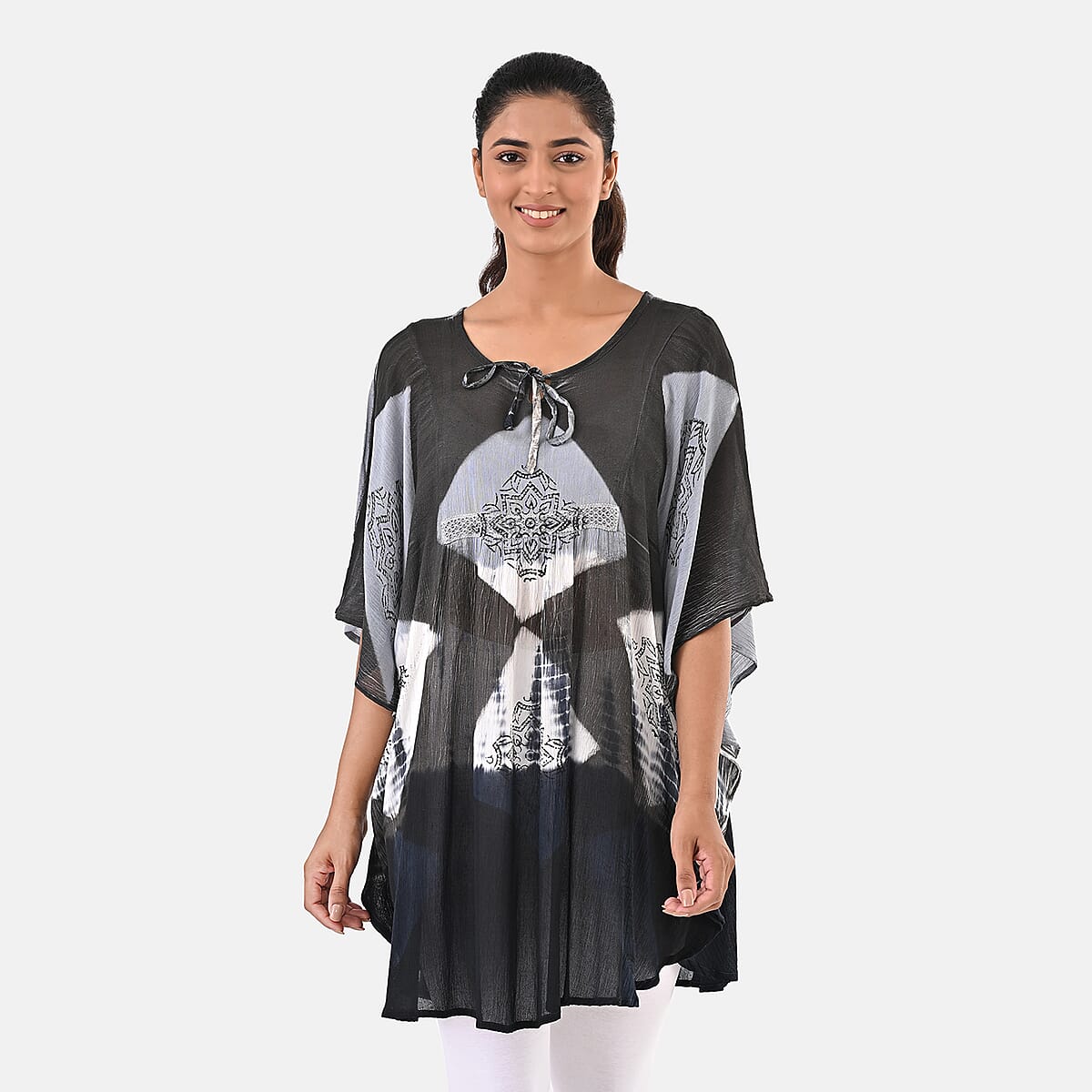 Navy Rayon Crepe Tie Dye Block Print Kaftan with Necktie - One Size Fits Most  image number 5