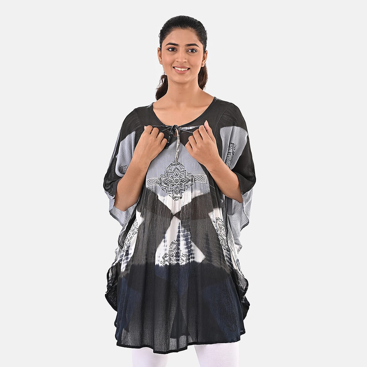 Navy Rayon Crepe Tie Dye Block Print Kaftan with Necktie - One Size Fits Most  image number 6