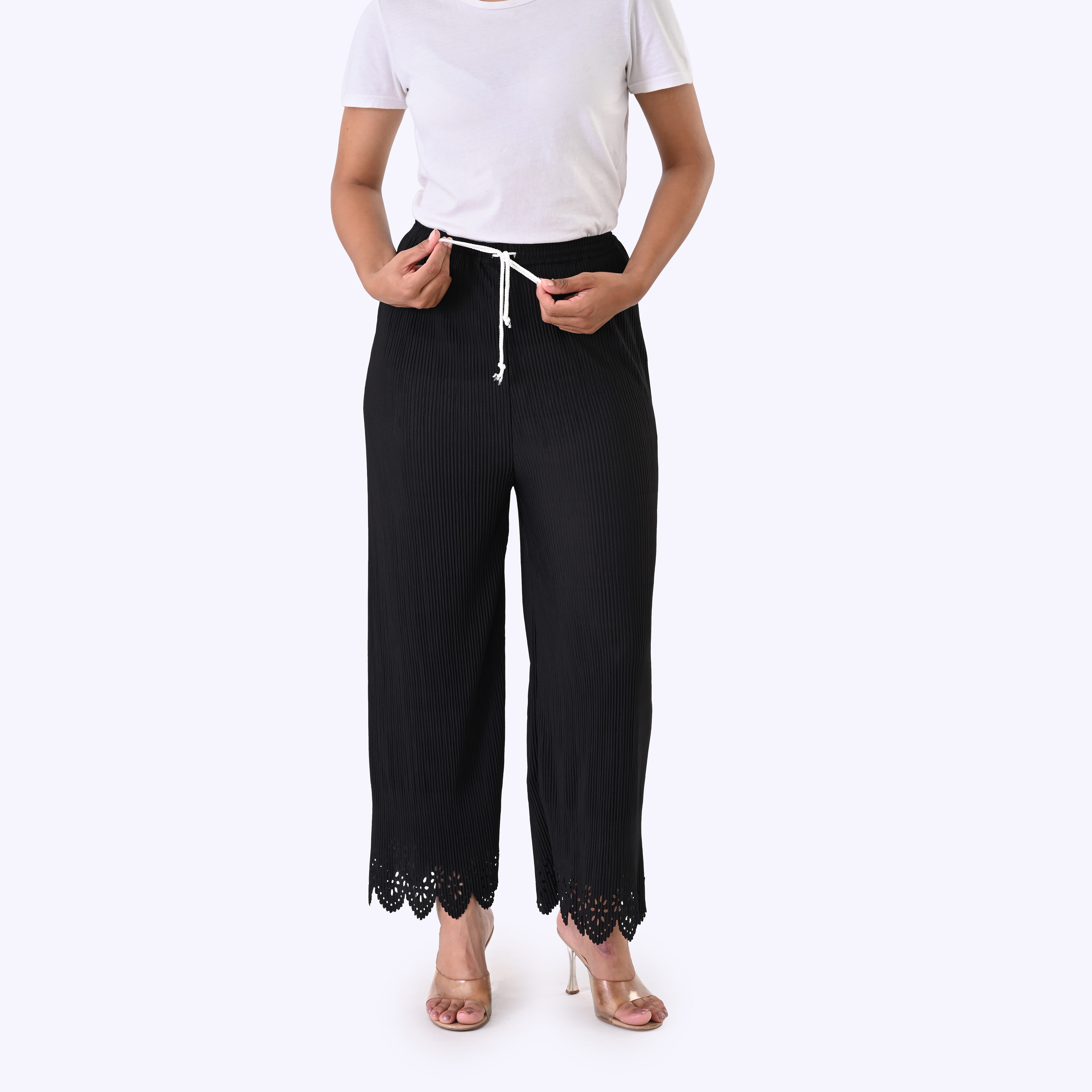 Laser-Cut Hem Pleated Palazzo with Drawstring Waist - Black