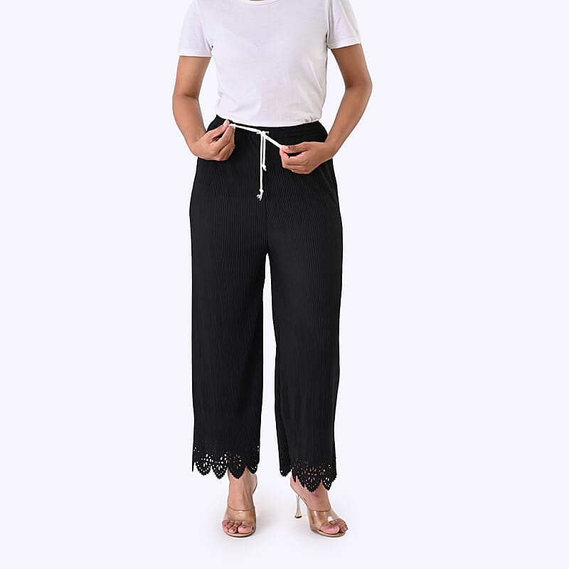 Laser-Cut Hem Pleated Palazzo with Drawstring Waist - Black