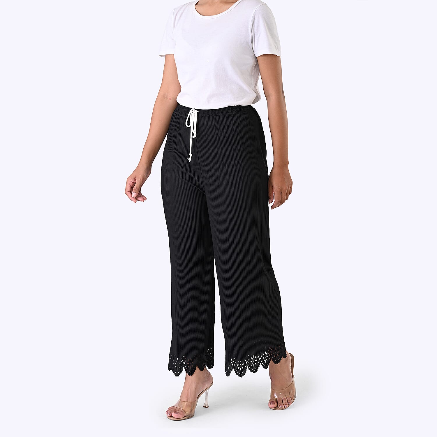 Laser-Cut Hem Pleated Palazzo with Drawstring Waist - Black