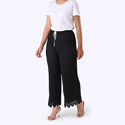Laser-Cut Hem Pleated Palazzo with Drawstring Waist - Black