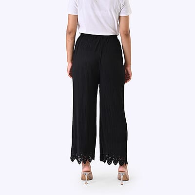 Laser-Cut Hem Pleated Palazzo with Drawstring Waist - Black