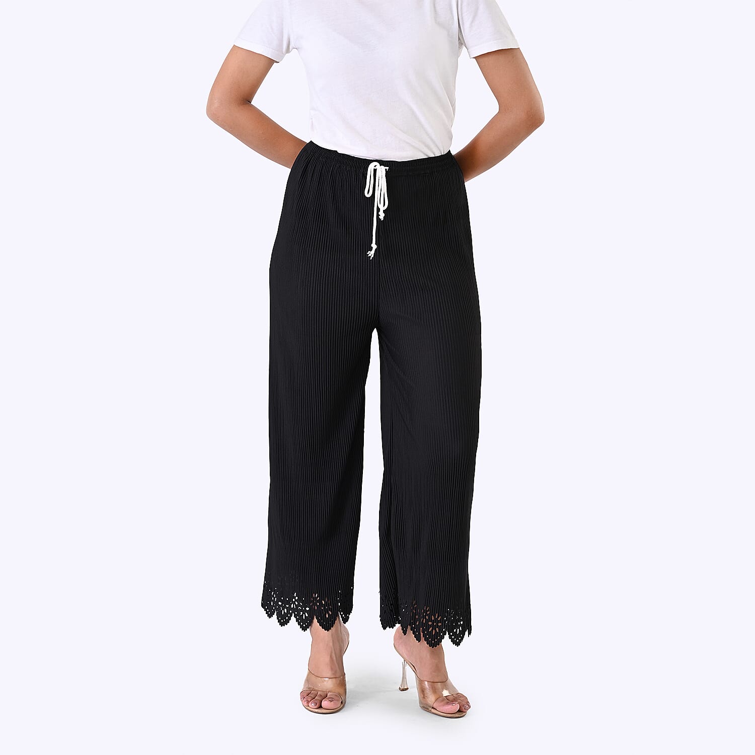 Laser-Cut Hem Pleated Palazzo with Drawstring Waist - Black