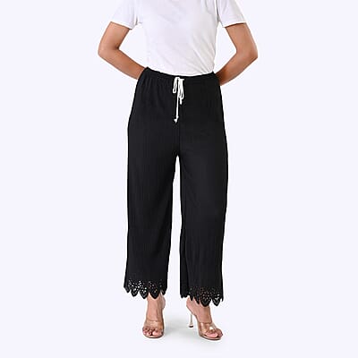 Laser-Cut Hem Pleated Palazzo with Drawstring Waist - Black