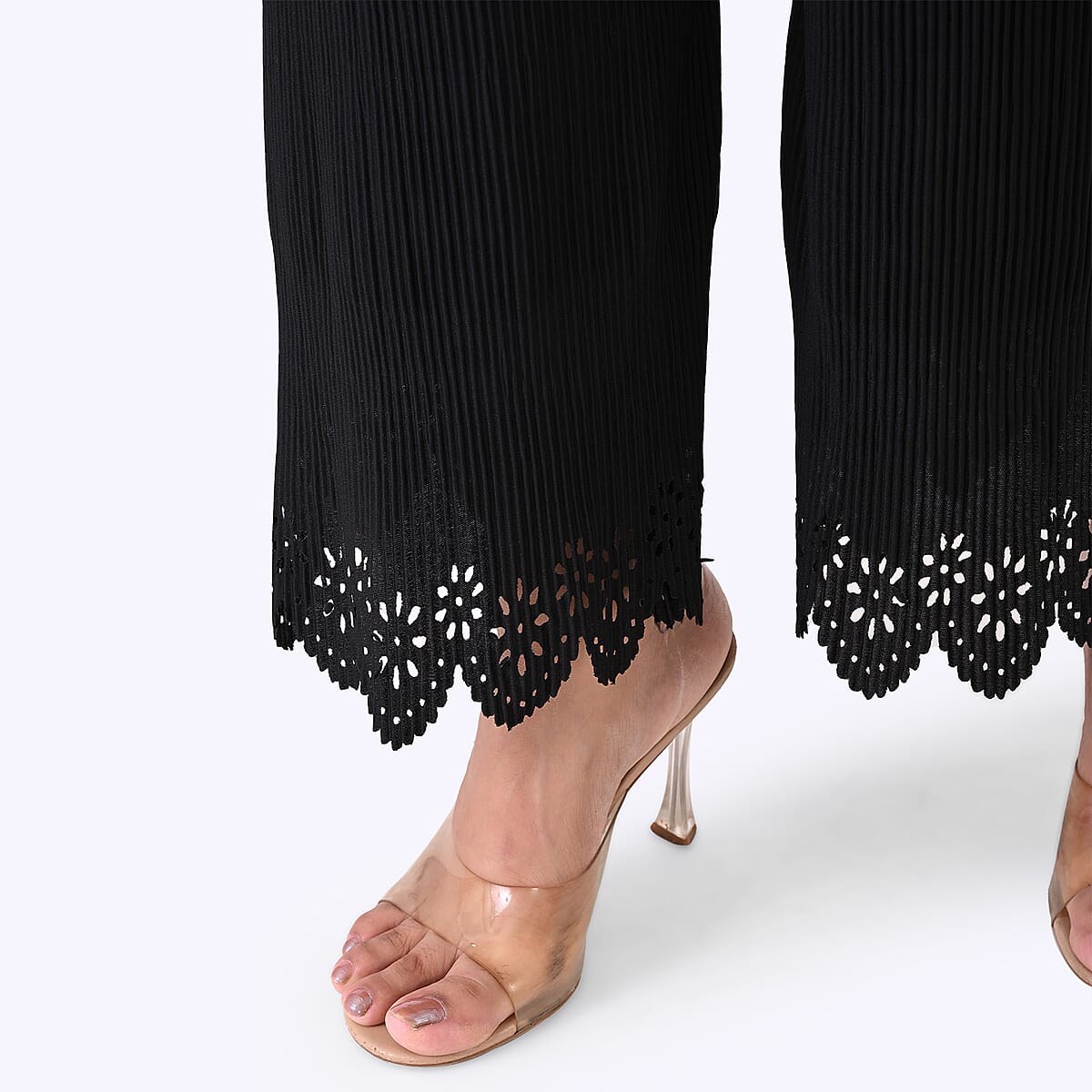 Laser-Cut Hem Pleated Palazzo with Drawstring Waist - Black image number 6