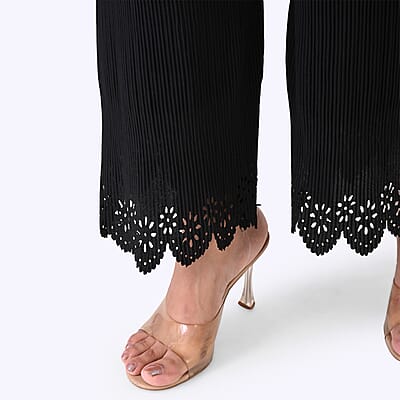 Laser-Cut Hem Pleated Palazzo with Drawstring Waist - Black