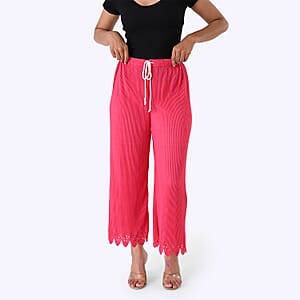 Laser-Cut Hem Pleated Palazzo with Drawstring Waist - Pink