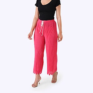 Laser-Cut Hem Pleated Palazzo with Drawstring Waist - Pink