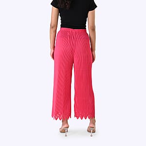 Laser-Cut Hem Pleated Palazzo with Drawstring Waist - Pink