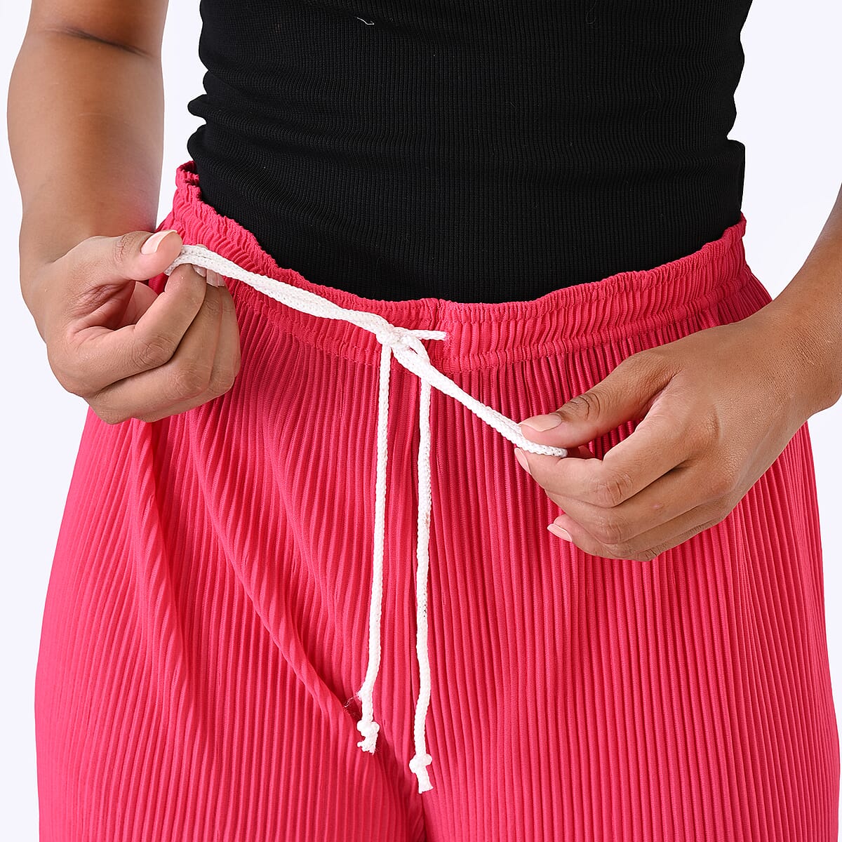 Laser-Cut Hem Pleated Palazzo with Drawstring Waist - Pink image number 4