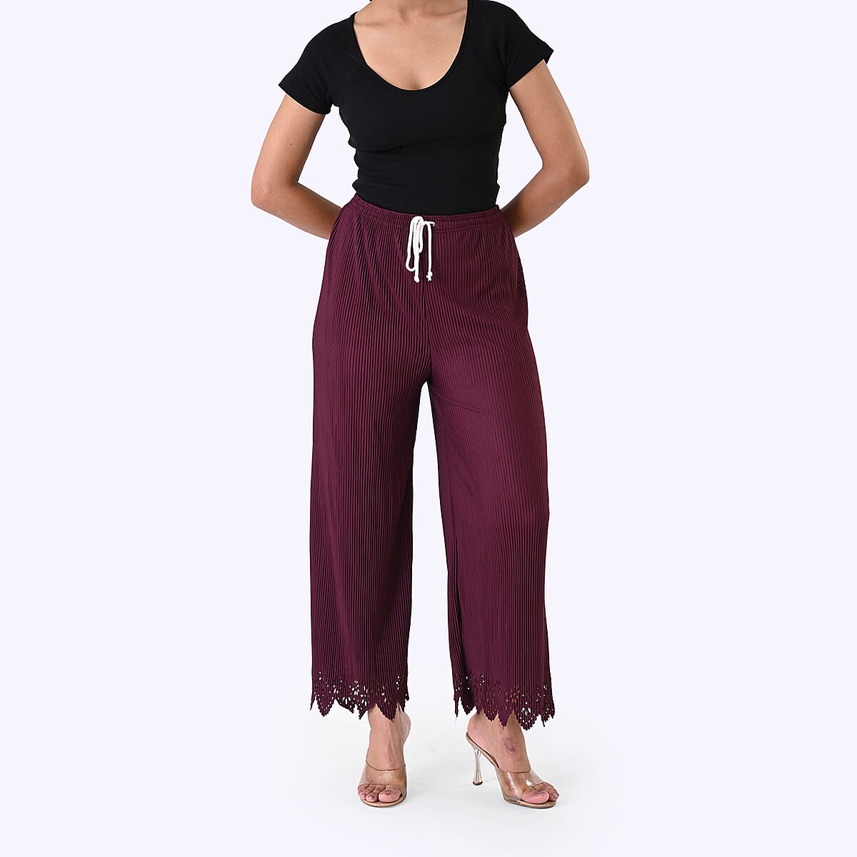 Laser-Cut Hem Pleated Palazzo with Drawstring Waist - Burgundy image number 0