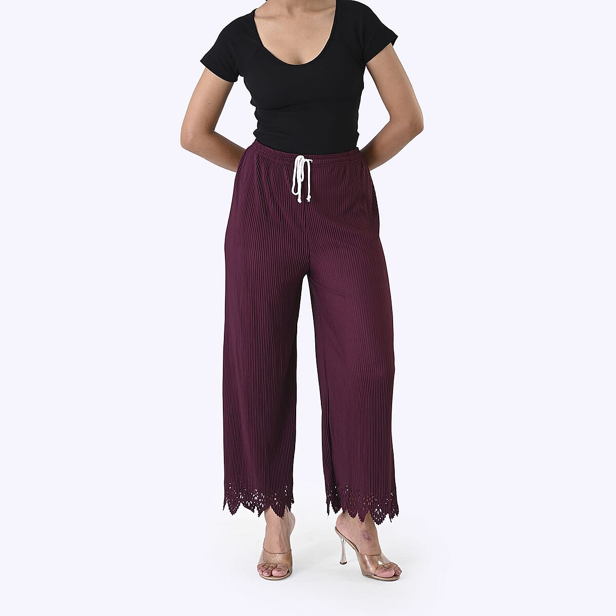 Laser-Cut Hem Pleated Palazzo with Drawstring Waist - Burgundy image number 2