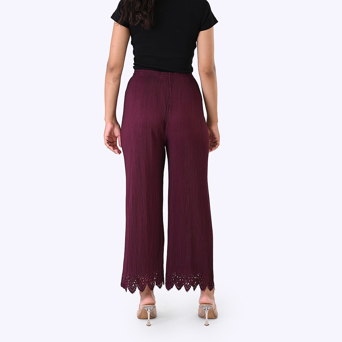 Laser-Cut Hem Pleated Palazzo with Drawstring Waist - Burgundy image number 3