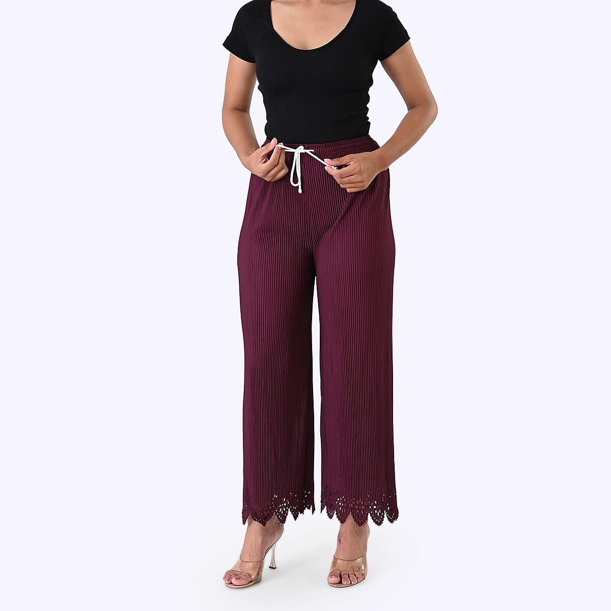 Laser-Cut Hem Pleated Palazzo with Drawstring Waist - Burgundy image number 4