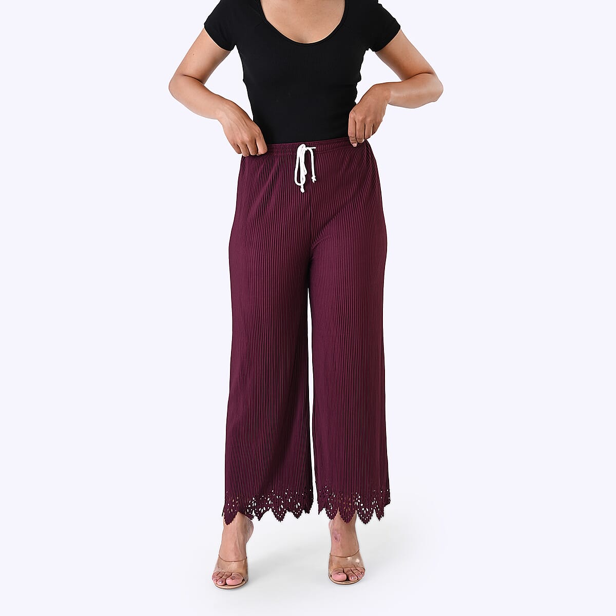 Laser-Cut Hem Pleated Palazzo with Drawstring Waist - Burgundy image number 5