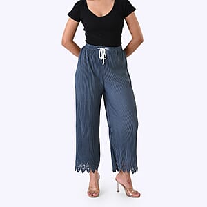 Laser-Cut Hem Pleated Palazzo with Drawstring Waist - Slate Blue