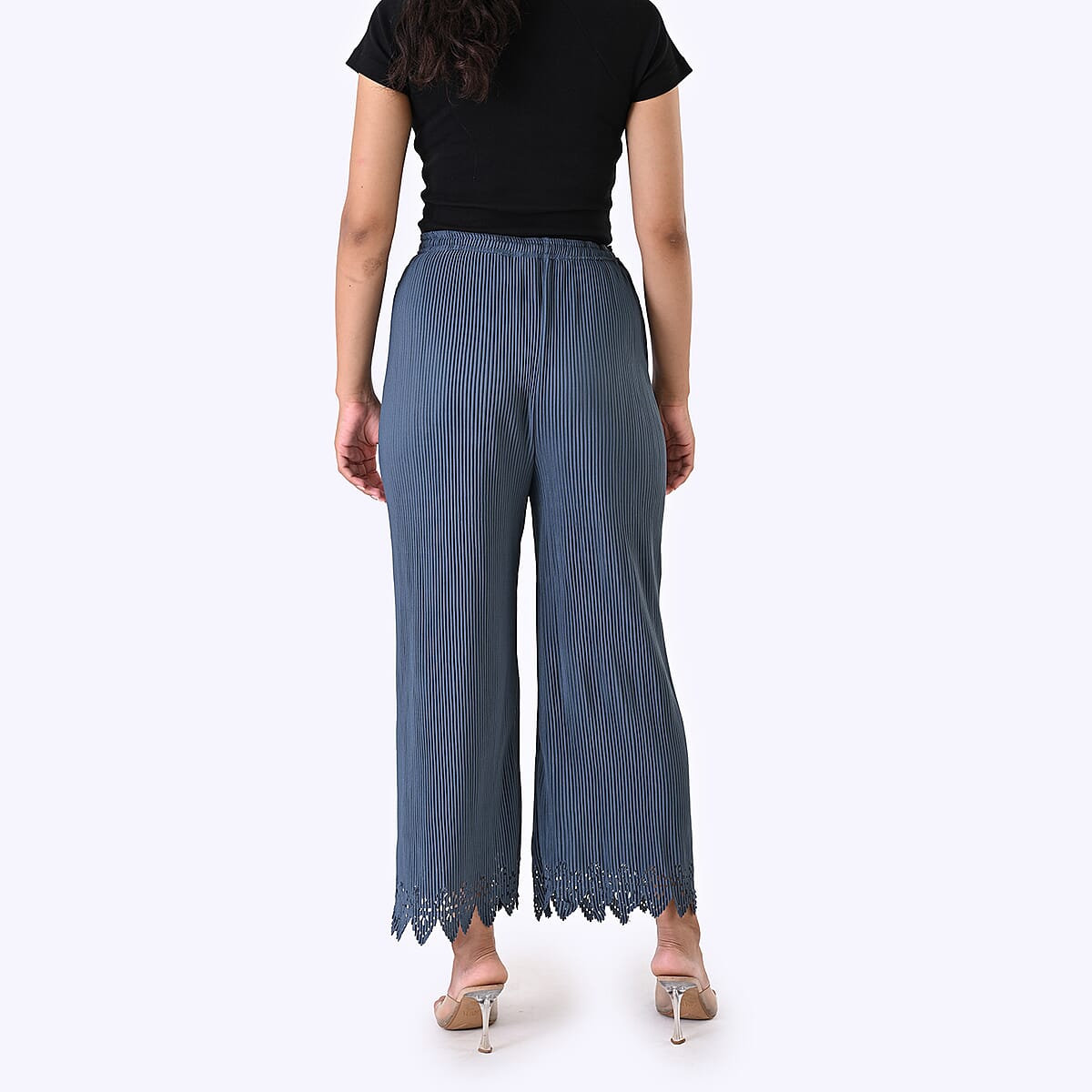 Laser-Cut Hem Pleated Palazzo with Drawstring Waist - Slate Blue image number 2