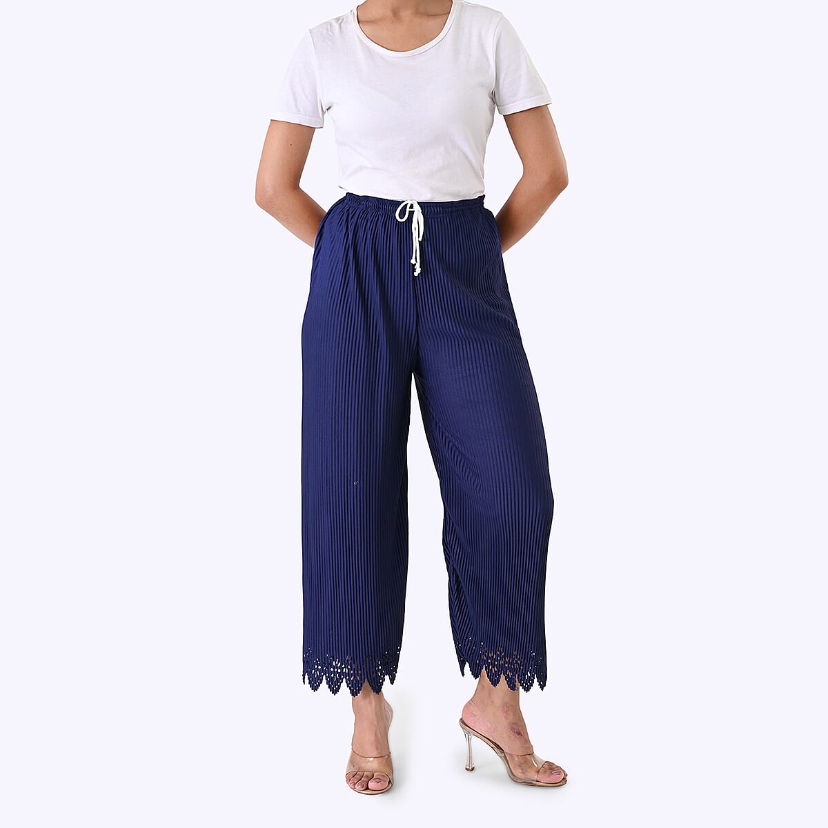 aser-Cut Hem Pleated Palazzo with Drawstring Waist - Navy image number 0