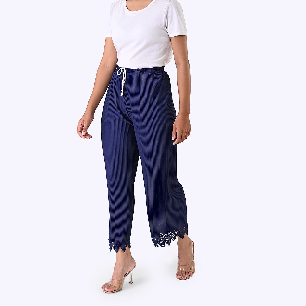 aser-Cut Hem Pleated Palazzo with Drawstring Waist - Navy image number 1
